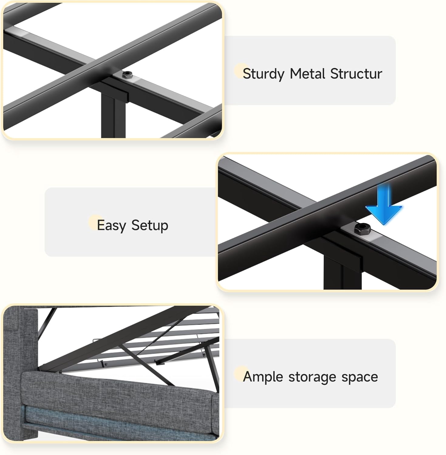 VEANERWOOD Queen Size Lift Up Bed Frame with Storage Headboard, Upholstered Platform Bed with Charging Station, LED Lights, No Box Spring Needed