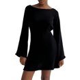 thumbnail image 1 of Gupgi Femmes Tricot Solide Couleur Dos Nu Manches Longues Décontracté en Vrac Mini Robe, 1 of 5