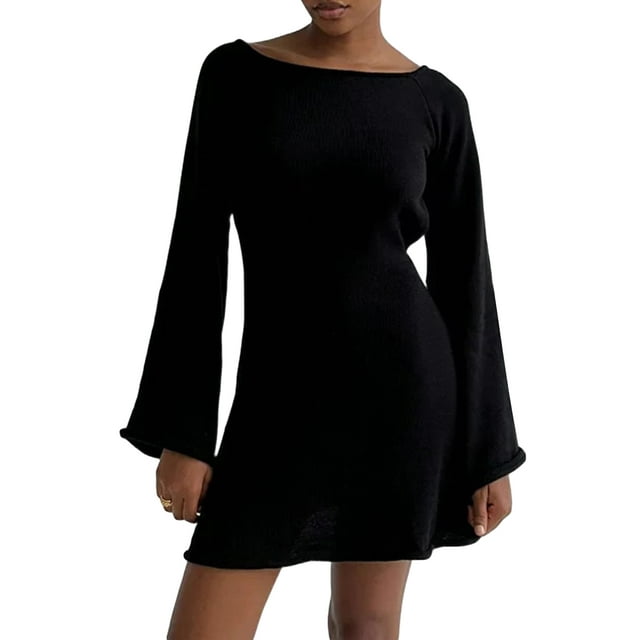 Gupgi Femmes Tricot Solide Couleur Dos Nu Manches Longues Décontracté en Vrac Mini Robe