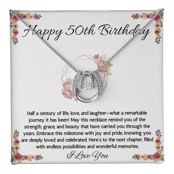 50th Birthday Women Gift Lucky in Love Message Card Necklace for Daughter Sister Mom wife Grandma Jewelry From dad Brother friend