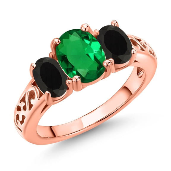 Gem Stone King 18K Rose Gold Plated Silver Green Nano Emerald and Black Onyx Filigree Style 3 Stone Ring for Women (1.55 Cttw, Oval 8X6MM and 6X4MM) (Size 7)