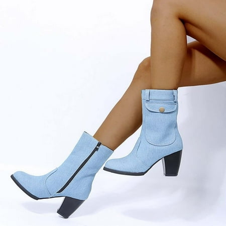 

Cathalem Womens Low Heel Boots Leather High Retro Heels Fashion Zipper Women s Shoes Short Boots Breathable women s boots Shoes Sky Blue 7