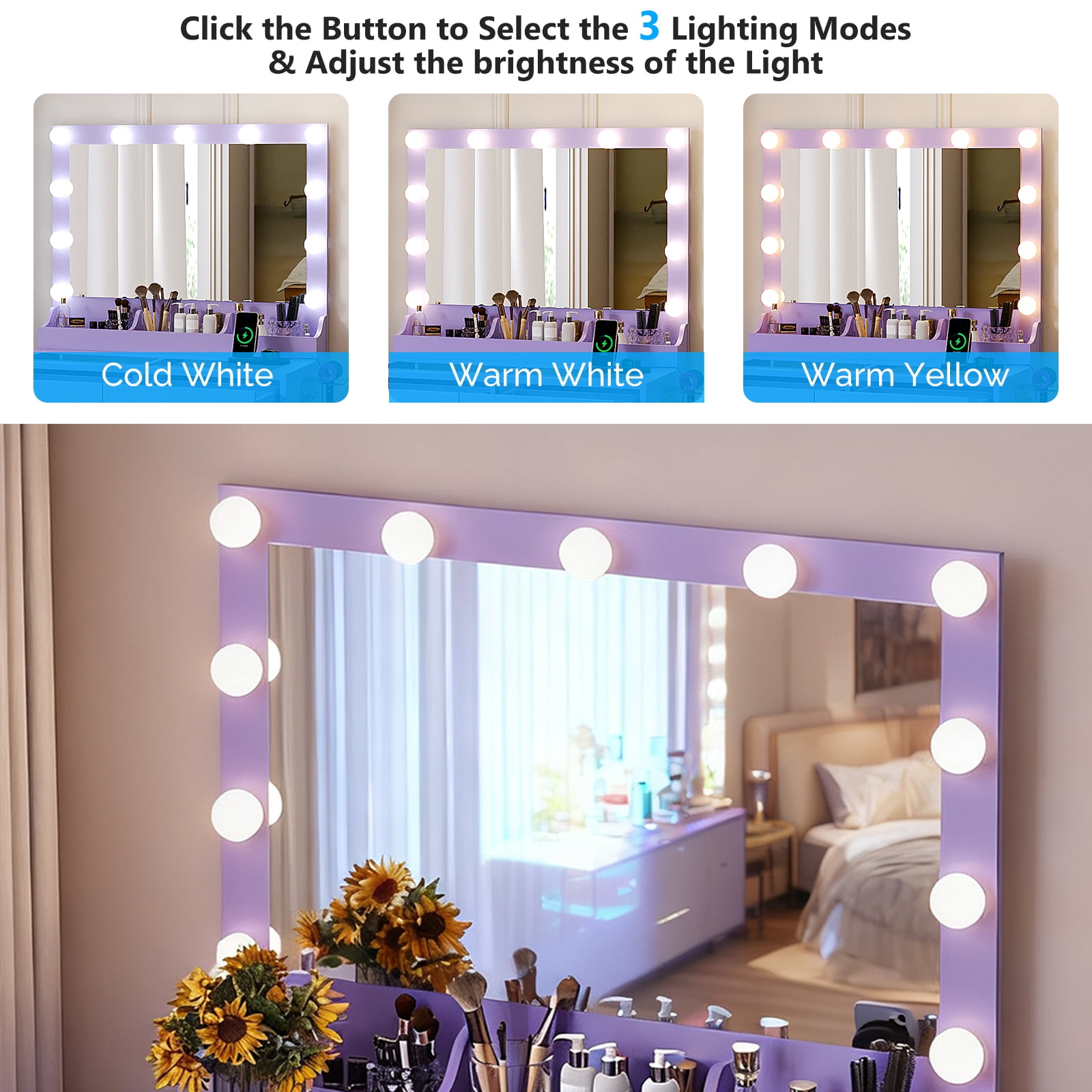 Zimtown Vanity with Mirror and Light, Makeup Desk  with Charging Station and Storage, Dressing Table with Hair Dryer Rack for Bedroom, Sophia Purple