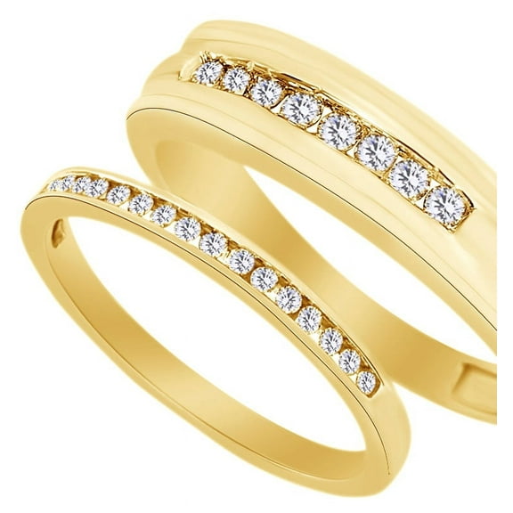 AFFY Round Cut White Natural Diamond His and Hers Wedding Band Set in 14K Yellow Gold (0.38 Cttw)