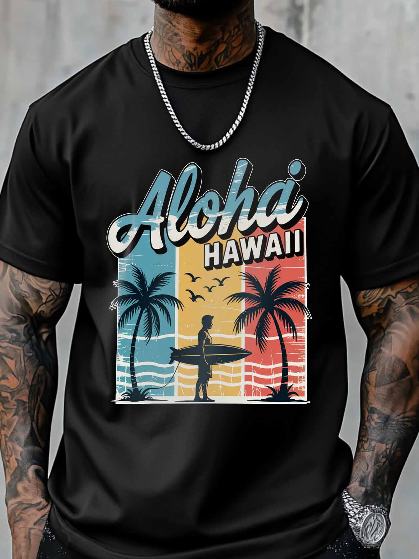 Men's T-Shirt Aloha Hawaii Retro Beach Surfing Vacation Short Sleeve Casual Tee Classic Crew Neck T-Shirt for Men, Black M