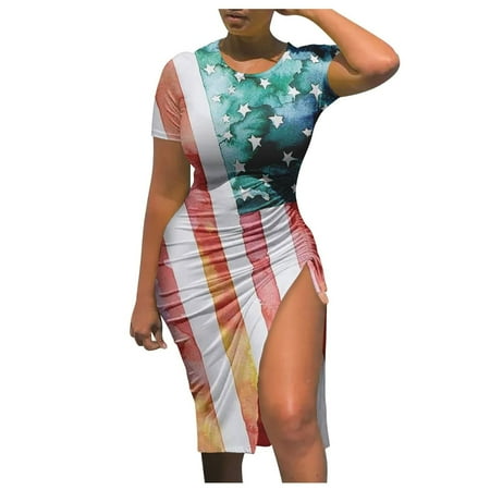 

Dianli American Flag Shirt Dresses for Women Crewneck Short Sleeve Midi American Flag Print Summer Dresses Bodycon Empire Waist High Split Cropped Ball Gown Dress Blue xxl