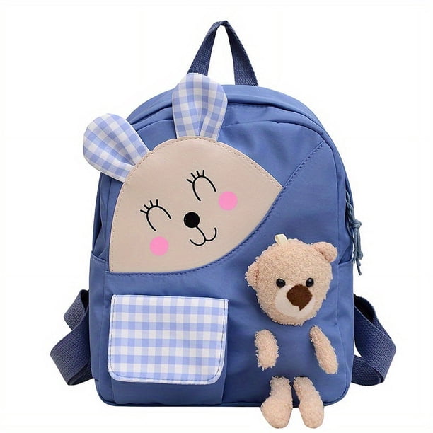 1pc Children's Cartoon Rabbit Plaid Backpack With Plush Teddy Bear, Sweet Cute Lightweight Backpack Casual Travel Backpack Kindergarten Kids School Bag