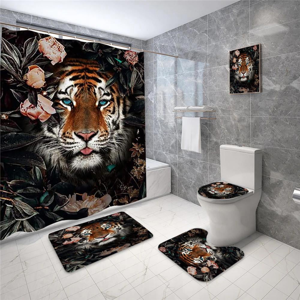 Tiger Shower Curtain Bathroom Rug Set Bath Mat Non-Slip Toilet Lid Cover 