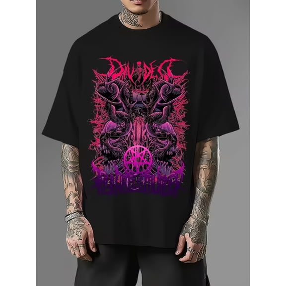Men's Oversized Gothic Neon Skull Serpents Graphic T-Shirt