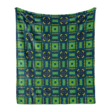 Abstract Soft Flannel Fleece Blanket, Tribal Geometric Pattern with Triangle Rhombus and Circular Shapes Art, Cozy Plush for Indoor and Outdoor Use, 70" x 90", Green and Petrol Blue, by Ambesonne