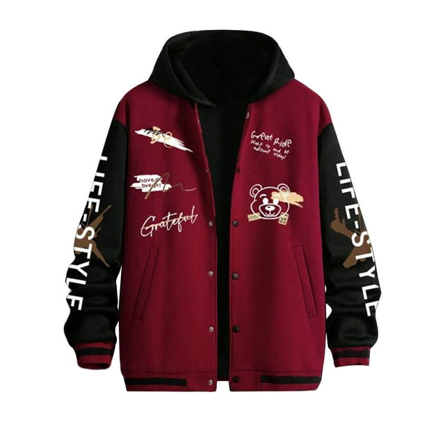 xiaxaixu Men Baseball Jacket, Long Sleeve Button Closure Letters Bear Print Contrast Color Varsity Jacket Fall Casual Jacket