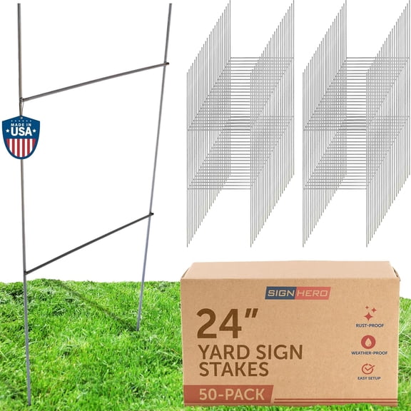 Yard Sign Stakes – Professional, Weatherproof, USA-Made – 24” Tall H-Stakes for , Metal Yard Sign H-Frames for Corrugated Plastic Signs (50 Pack)