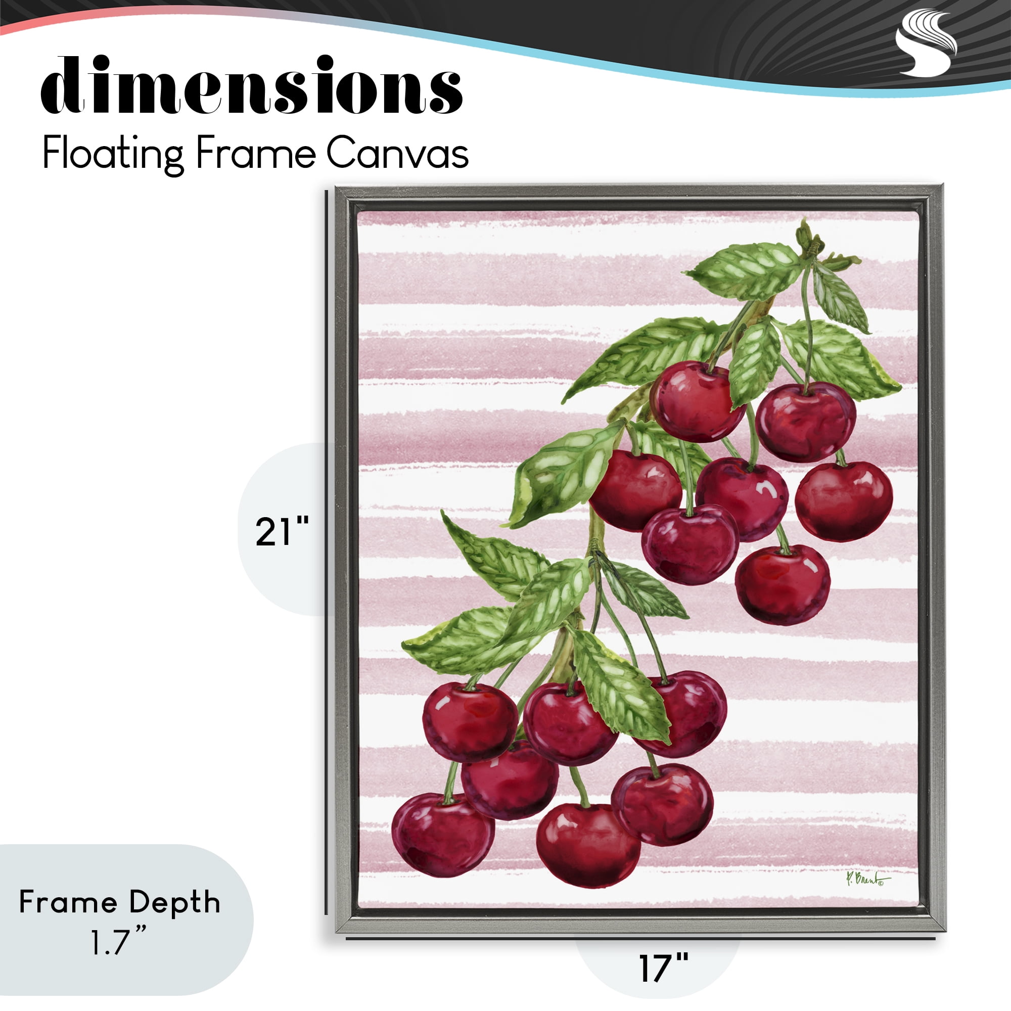 Stupell Industries Juicy Cherry Vine on Stripes Gray Framed Floater Canvas Wall Art, design by Paul Brent
