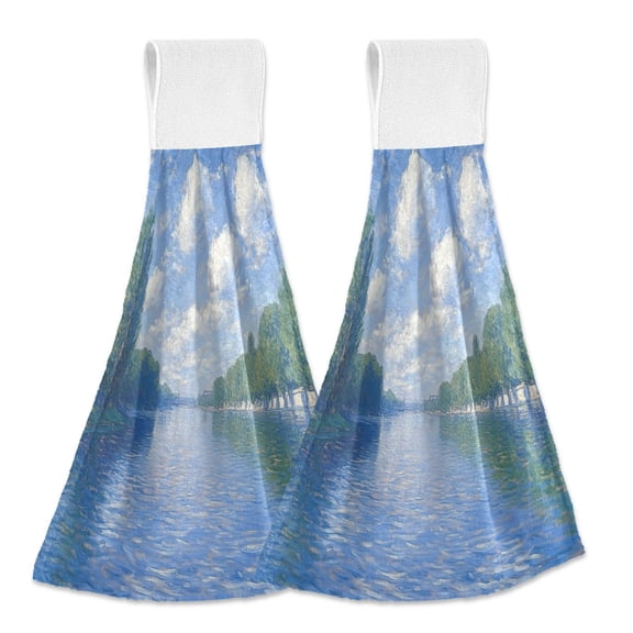 Yayeee Kitchen Hanging Hand Towels Set of 2 with Loop Bathroom Absorbent Tie Towel, Blue Sky and River