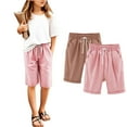 thumbnail image 4 of ZACPNCV 2PC Girls Casual Bermuda Shorts Kids Knee Length High Waisted Summer Shorts Comfy Drawstring Short Pants with Pockets Brown 7-8 Years, 4 of 5
