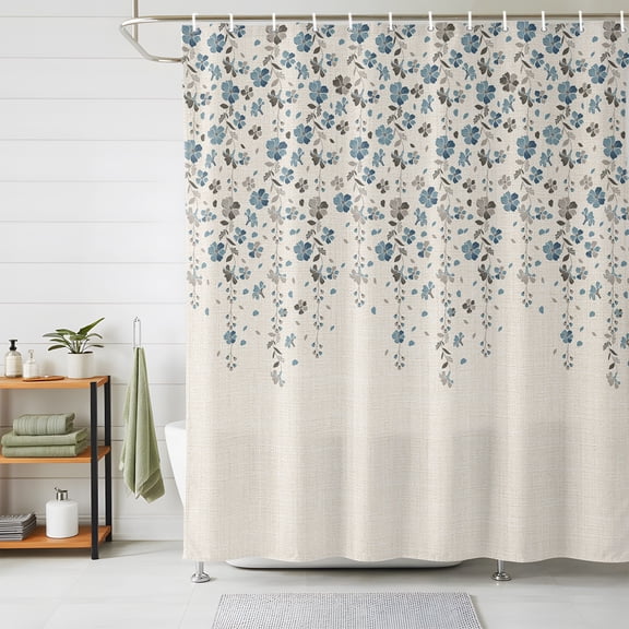 Shower Curtains for Bathroom, Weeping Flowers Waterproof Fabric Shower Curtain, Blue Grey Spring Floral Botanical Rustic Burlap Decorative Bathroom Curtain for Bathtub, 36"x72", No Hooks Included