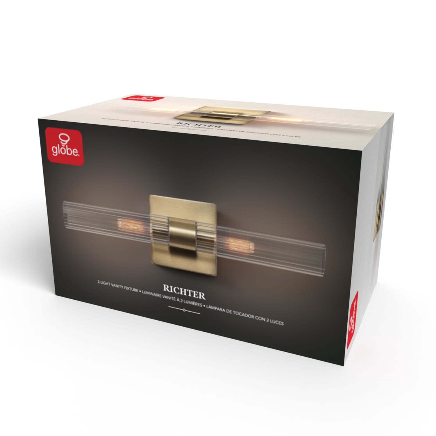 Globe Electric Soft Glam Style 18" 2-Light LED Matte Brass Ribbed Glass Vanity Light, No Battery