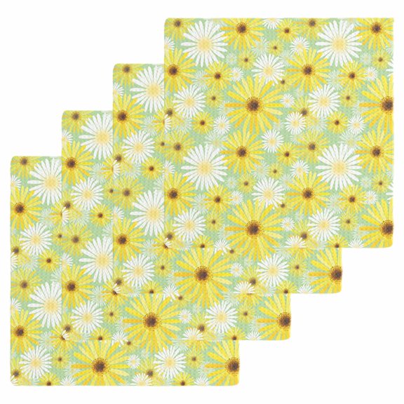 Farmhouse Daisy Kitchen Dish Towels for Drying Dishes Set of 4, Spring Watercolor Yellow White Floral Green Waffle Weave Microfiber Hand Tea Bathroom Towels Quick Dry & Absorbent Towel 12x12