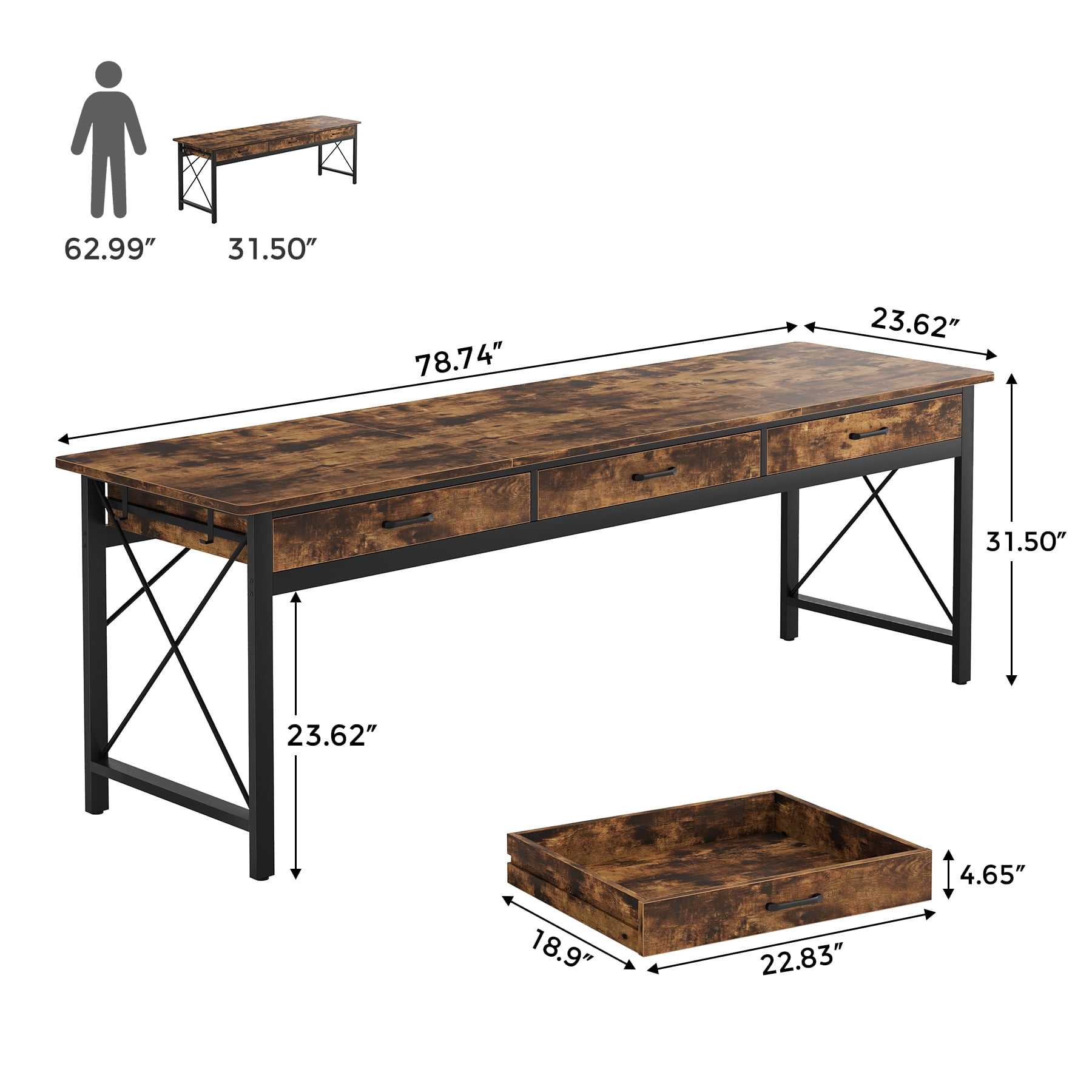 Condemo 78.7 inch Extra Long Computer Desk, Double Desk with 3 Drawers, Two Person Desk with Hooks, Industrial Writing Study Table Workstation for Home Office, Rustic Brown and Black