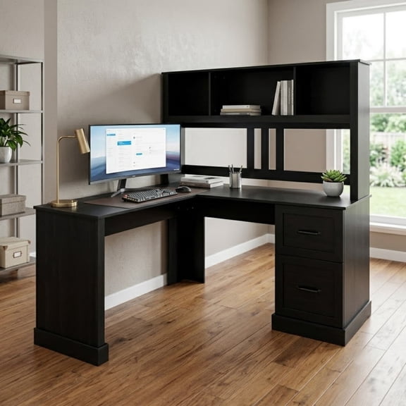 L-Shaped Executive Computer Desk with Hutch, 59.84'' Office Desk Work Desk with 2 Drawers and Storage Shelf for Home Office