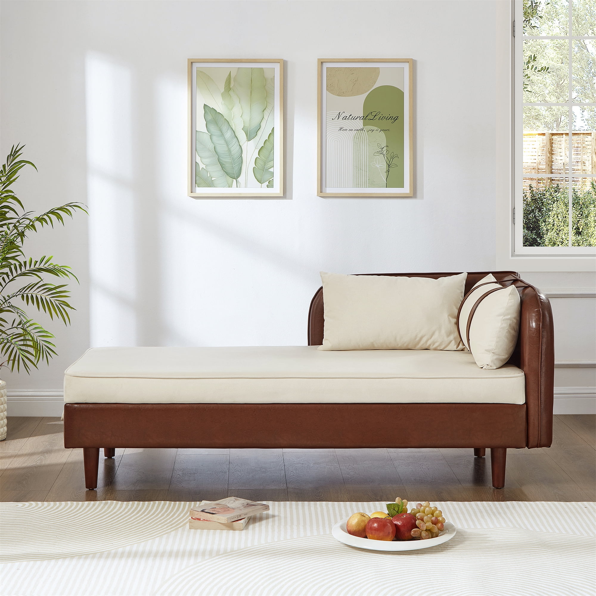 Aukfa 65" Storage Chaise Lounge Indoor Leather Sofa for Living Room Bedroom, Wooden Legs, 2 Pillows, Brown & Beige