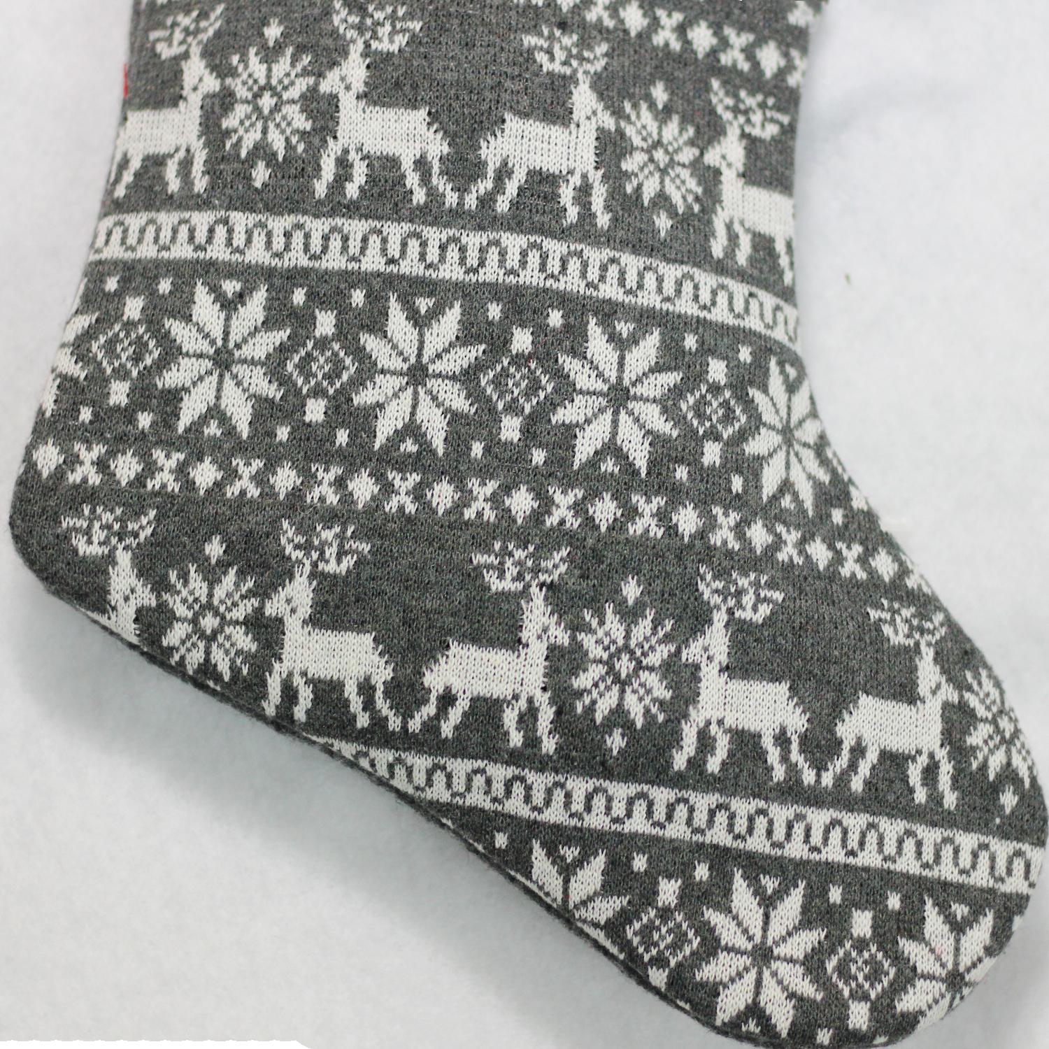 19.5" Gray and White Reindeer and Snowflake Knit Christmas Stocking with Faux Fur Cuff