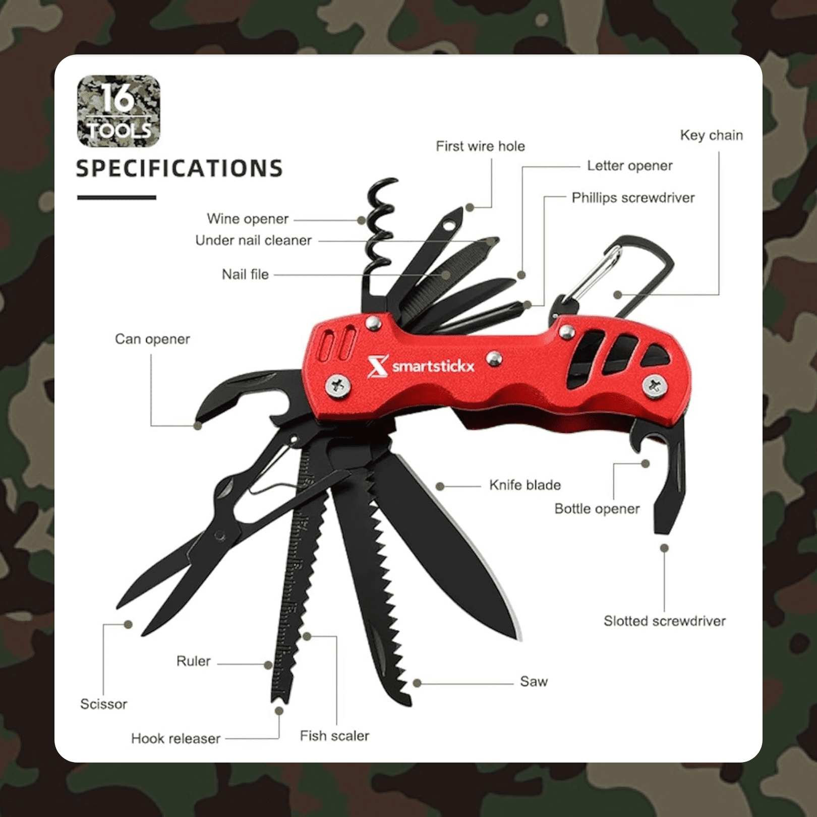 Survival Hunting Knife - 16 in 1 - Red