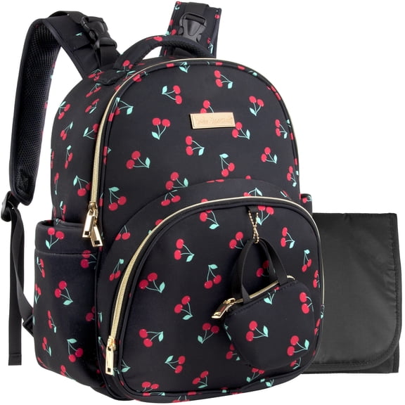 Baby Essentials Diaper Bag Backpack for Newborns, Infants, Toddlers (Matching Changing Pad, Pacifier Pouch, Insulated Bottle Pockets, Stroller Straps) Black & Cherries Print