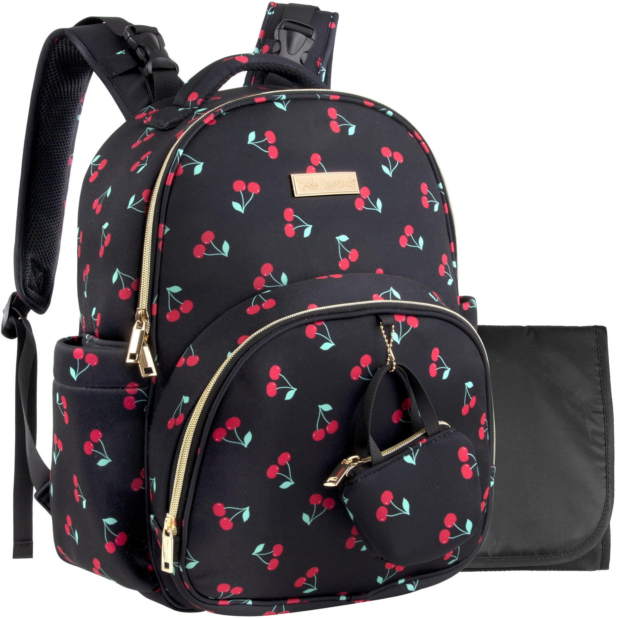 Baby Essentials Neoprene Diaper Bag Backpack for Newborns, Infants, Toddlers (Matching Changing Pad, Pacifier Pouch, Insulated Bottle Pockets, Stroller Straps) Black & Cherries Print