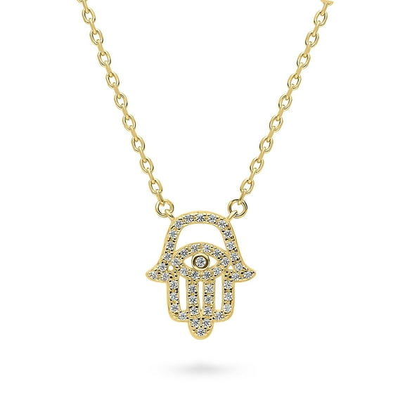 BERRICLE Sterling Silver Hamsa Hand Cubic Zirconia CZ Evil Eye Fashion Pendant Necklace for Women 16 inch, Yellow Gold Flashed