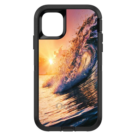 DistinctInk OtterBox Defender Custom Case for Apple iPhone 15 (6.1" Screen) - Ocean Wave Sunset - Tempered Glass Back