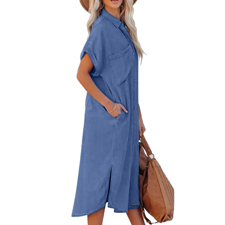 Frontwalk Jean Dresses For Women Button Down Denim Shirt Dress Short Sleeve  Travel Open Front Lapel Sundress Boho Beach Dresses Blue L