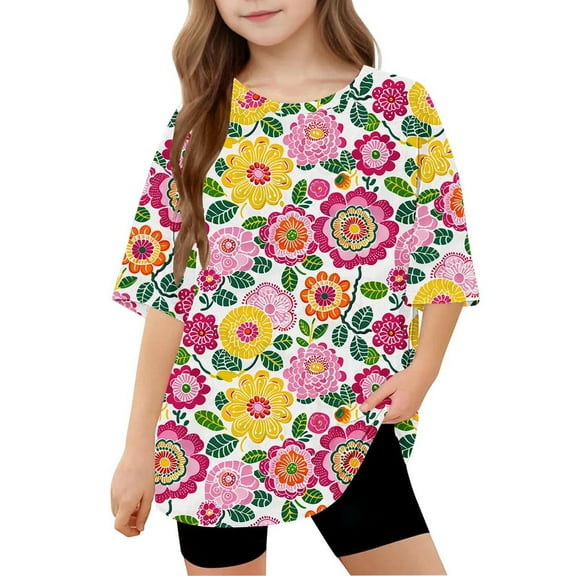 Shirts for Girls Teens Cute Round Neck Tops Cute Short Sleeve Shirts for Teens Floral Print Shirts Blouse for Girls Size 14-16 New Arrivals