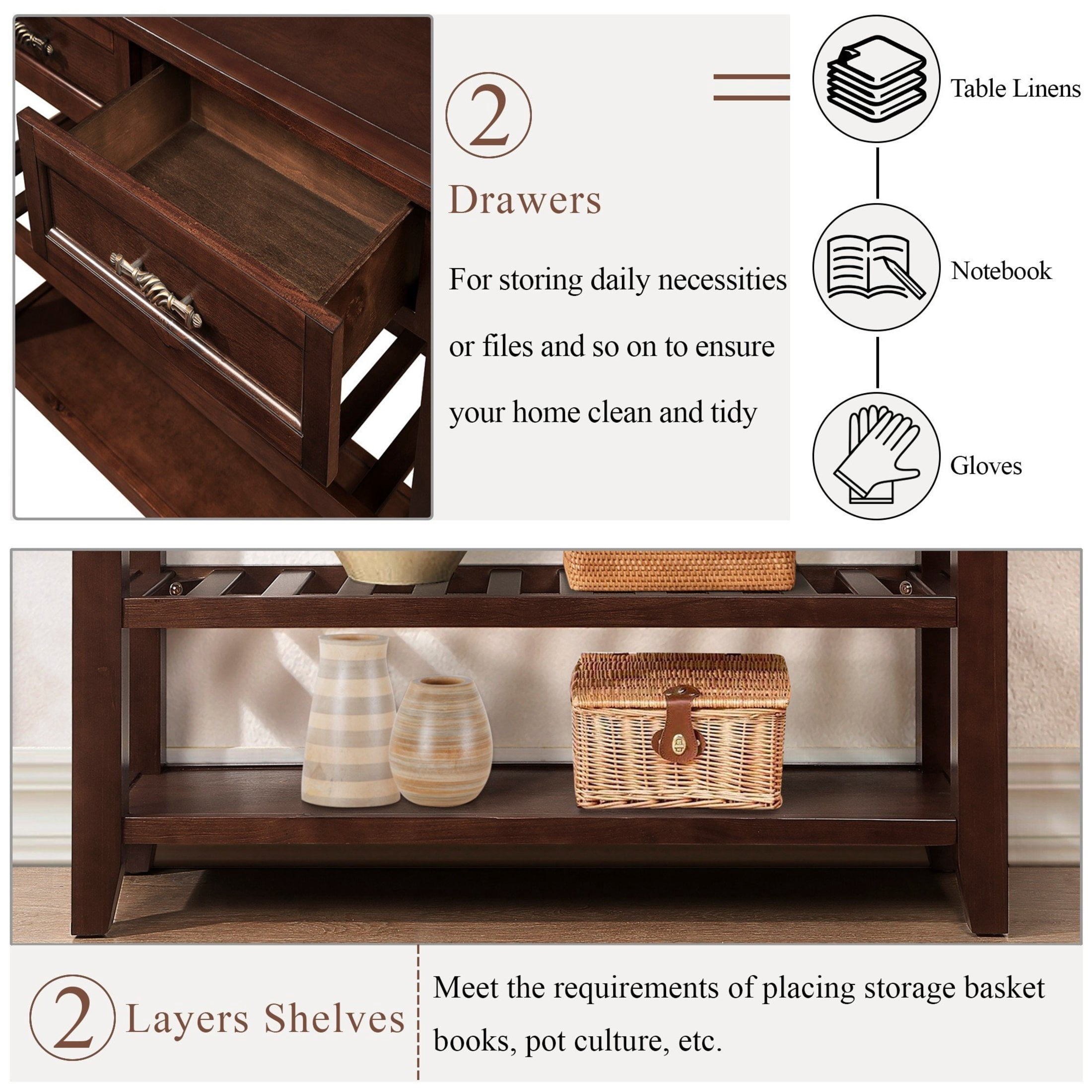Noble House Heather Console Sofa Table, Pine Wood Frame with Drawers and Shelves for Entryway or Living Room, Espresso