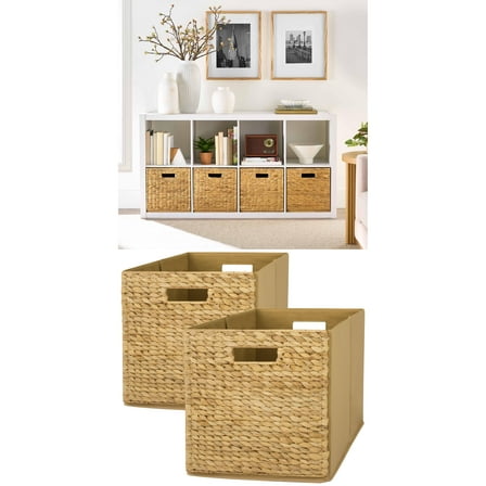 Better Homes & Gardens 8 Cube Storage Organizer, White Texture with Better Homes & Gardens Fabric Cube Storage Bins (12.75" x 12.75"), Water Hyacinth, 2 Pack
