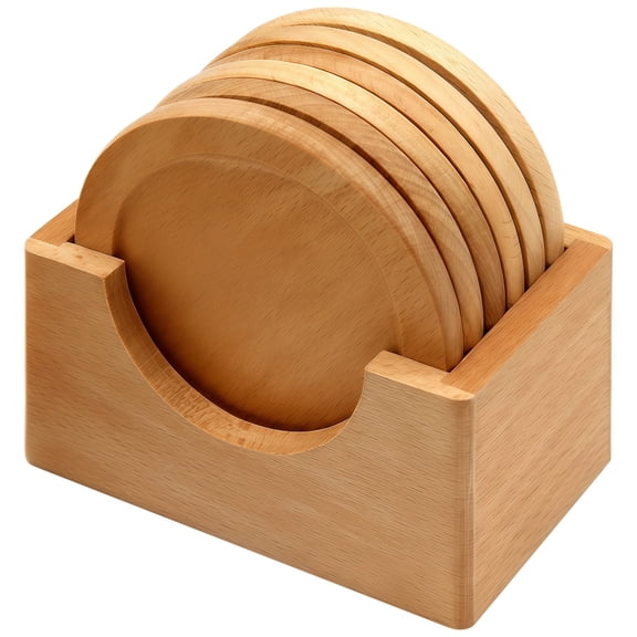 6 Pcs Wooden Coasters Set with Holder, Beech Wood Drink Coasters for Hot and Cold Drinks, Cup Coasters for Coffee Table, Home Decor, 4.3 x 2.9 x 4.1 in