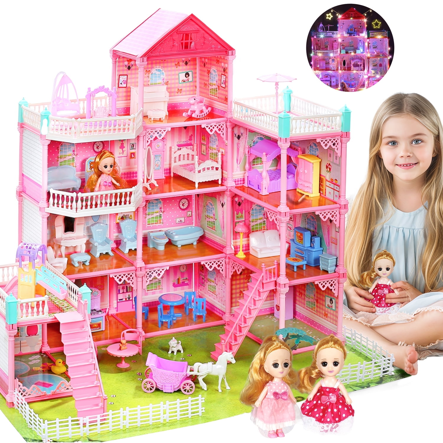 JoyStone 11 Rooms Huge Dollhouse with Play Mat 2 Dolls and Colorful Light 31 x 28 x 27 Dreamhouse w Furniture Doll House Gift for Girls Walmart