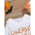 thumbnail image 6 of Baby Toddler Boys Halloween Outfits 0 3 6 12 18 24 Months Letter Print Crew Neck Long Sleeve Rompers Pumpkin Print Long Pants Hat 3Pcs Clothes Set, 6 of 9
