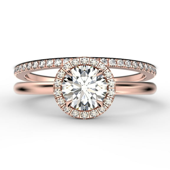 Fairy Minimalist 1.75 Carat Round Cut Diamond Moissanite Engagement Ring, Classic Halo Wedding Ring In 925 Sterling Silver With 18K Rose Gold Plating Gift For Her, One Matching Band