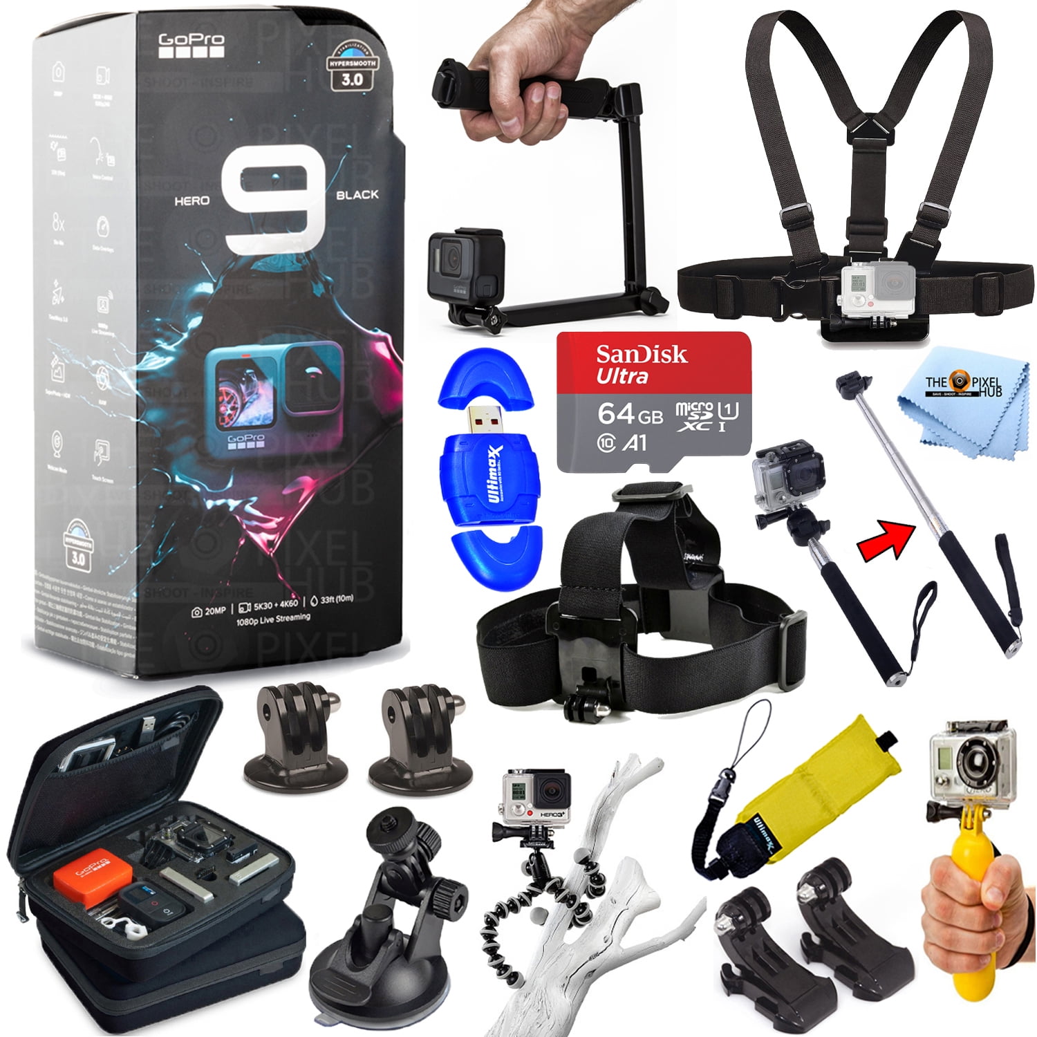 GoPro HERO9 Black Waterproof 4K All In 1 PRO KIT with 64GB, 3-Way Tripod, Medium Case, Head and Chest Strap, Stick and Much More - Walmart.com
