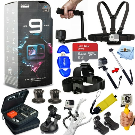 GoPro HERO9 Black Waterproof 4K Camcorder All In 1 PRO ACCESSORY KIT with SanDisk 64GB, 3-Way Tripod, Medium Case, Head and Chest Strap, Selfie Stick and Much More