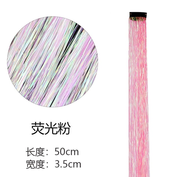 Xiao Hua Juego de 8 extensiones de cabello con clip, brillantes y con destellos de oropel, para fiestas de colores, con mechas multicolores y polvo fluorescente.