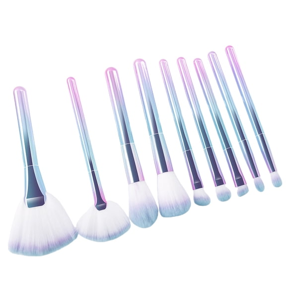 Set de 9 pinceles de maquillaje multicolor. Pincel abanico para iluminar. Cerdas de nailon suaves para sombra de ojos, colorete y maquillaje de ojos y rostro