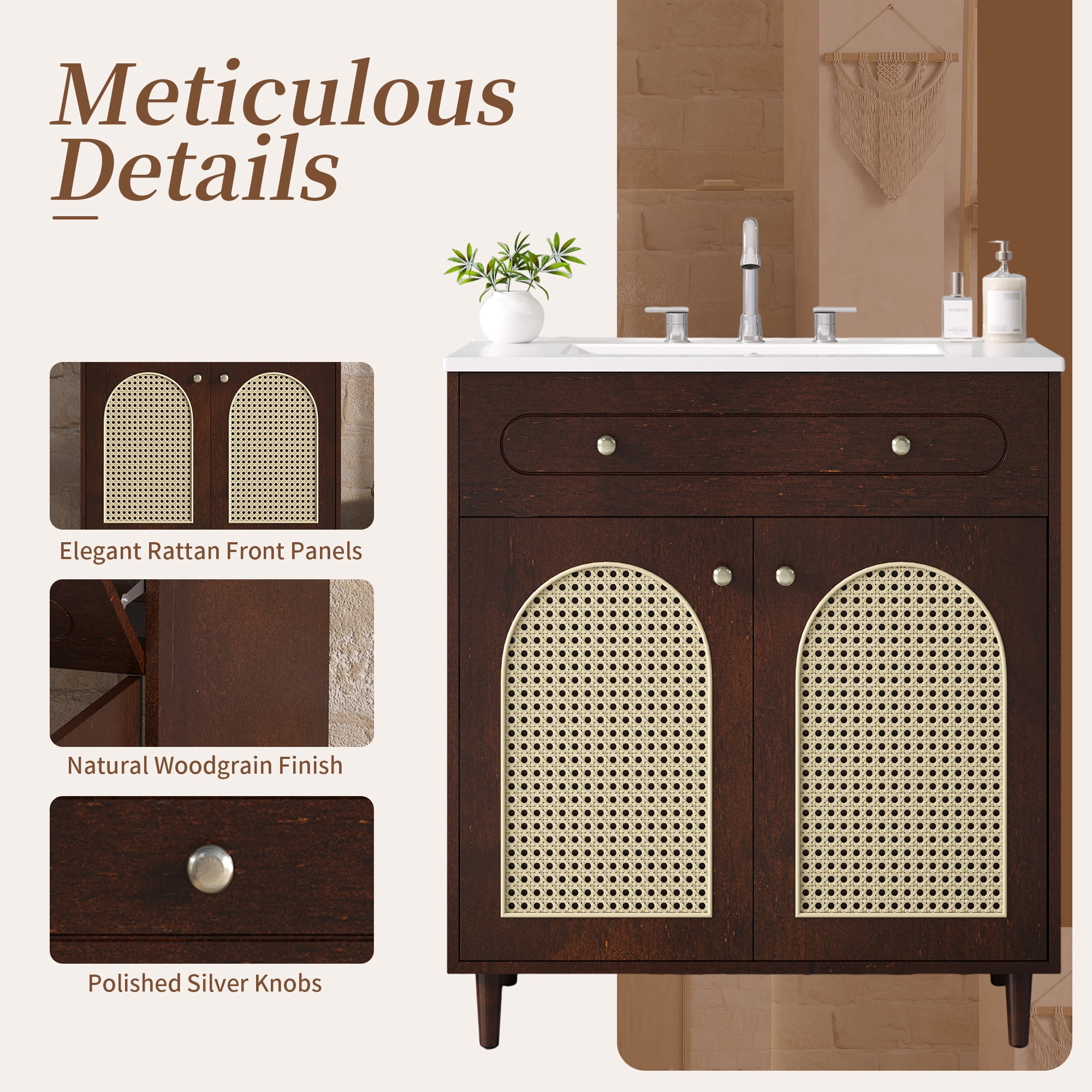 Harper & Bright Designs 30" Rattan Bathroom Vanity with Sink, Single Sink Bathroom Vanity with Tip-Out Drawe and Adjustable Shelf, Freestanding Bathroom Storage Cabinet with Ceramic Basin, Walnut
