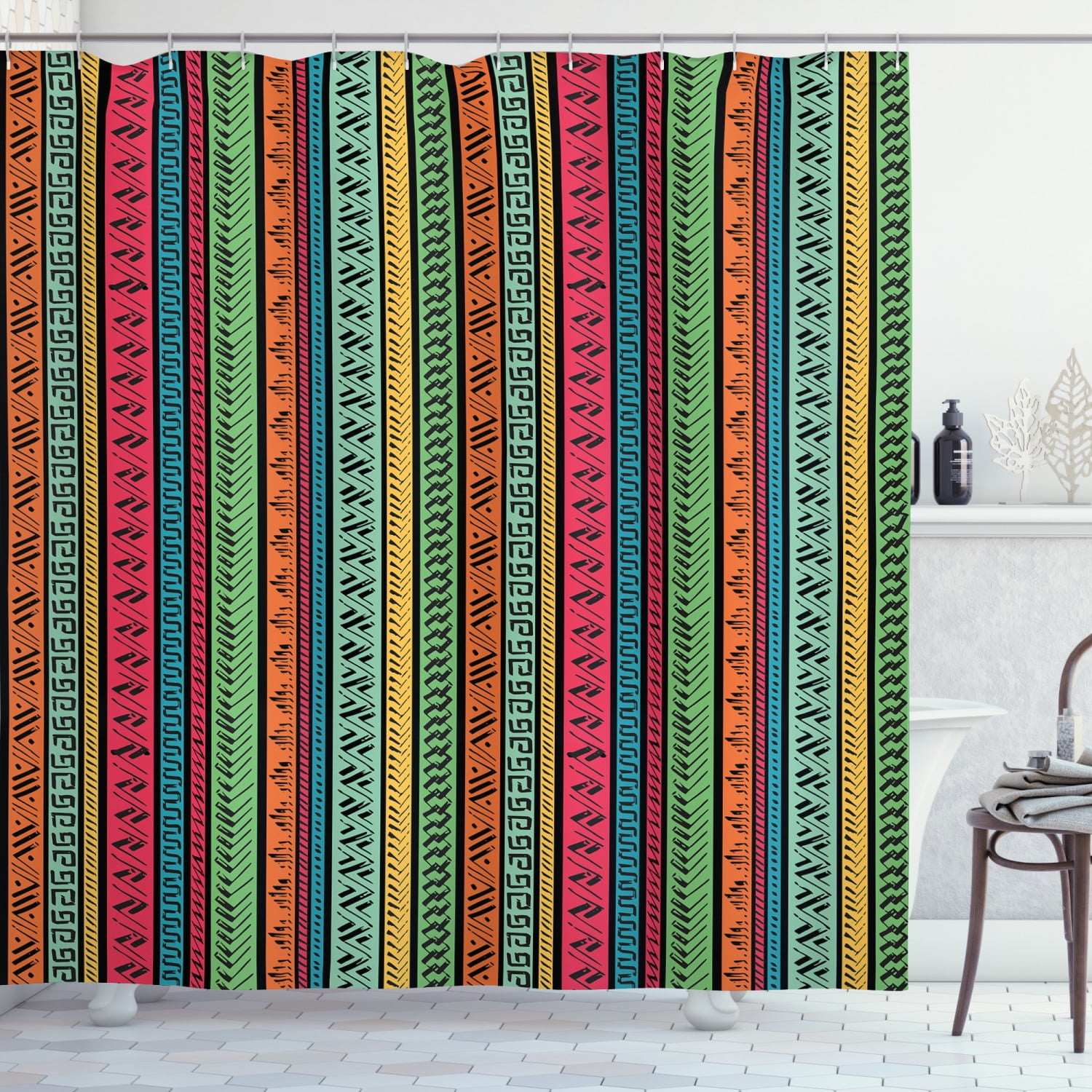 Hippie Shower Curtain, Artistic Hand Drawn Vertical Borders Colorful