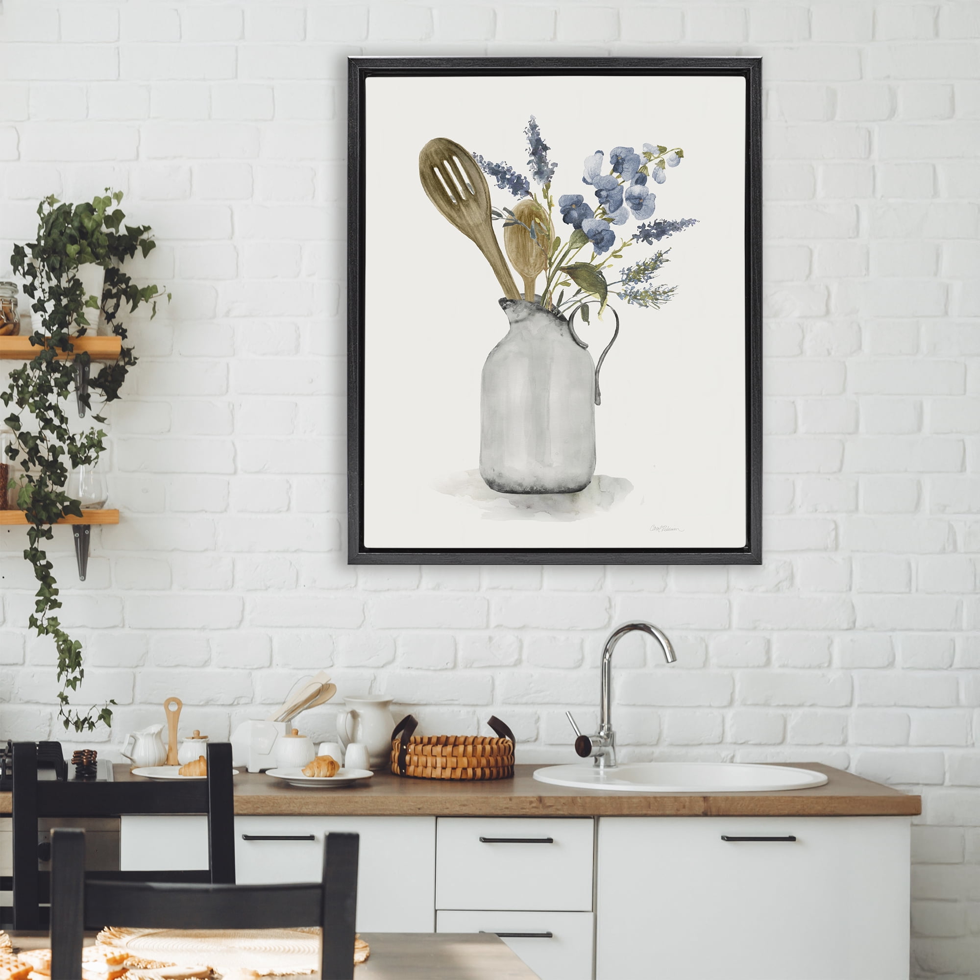 Stupell Industries Vintage Pitcher with Utensils Black Framed Floater Canvas Wall Art, design by Carol Robinson