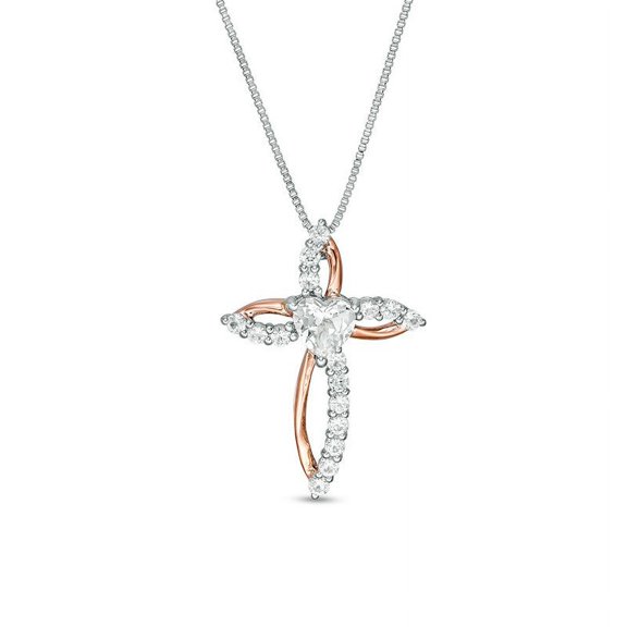 0.75 T.C.W Excellent Cut Natural Diamond Double Tone Heart Cross Pendant Necklace for Ladies Solid 14K White Gold With 18 inches chain