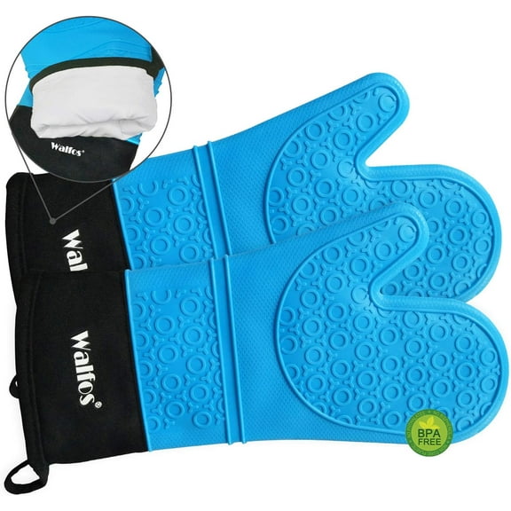 Silicone Oven Mitts, WALFOS 450℉ Heat Resistant Cooking Gloves Non Slip with Soft Internal Cotton Lining Kitchen Mittens Baking Glove Potholder Mitaine De Four for Cooking, Baking, BBQ, 1 Pair (Blue)