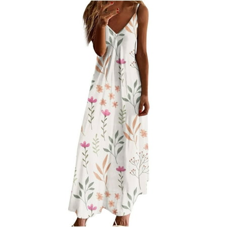 

YanHoo Women s Beach Dresses V Neck Sleeveless Maxi Dress Summer Loose Casual Boho Print Dress