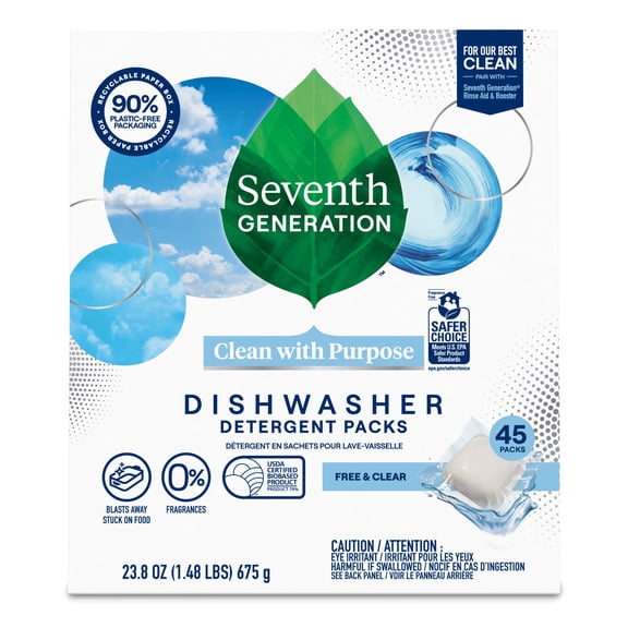 Seventh Generation Dishwasher Detergent Packs for sparkling dishes Free & Clear Dishwasher tabs 45 count